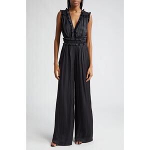 Ramy Brook Katelyn Ruffle Satin Jumpsuit Wide Leg 10 Sleeveless Black V-Neck